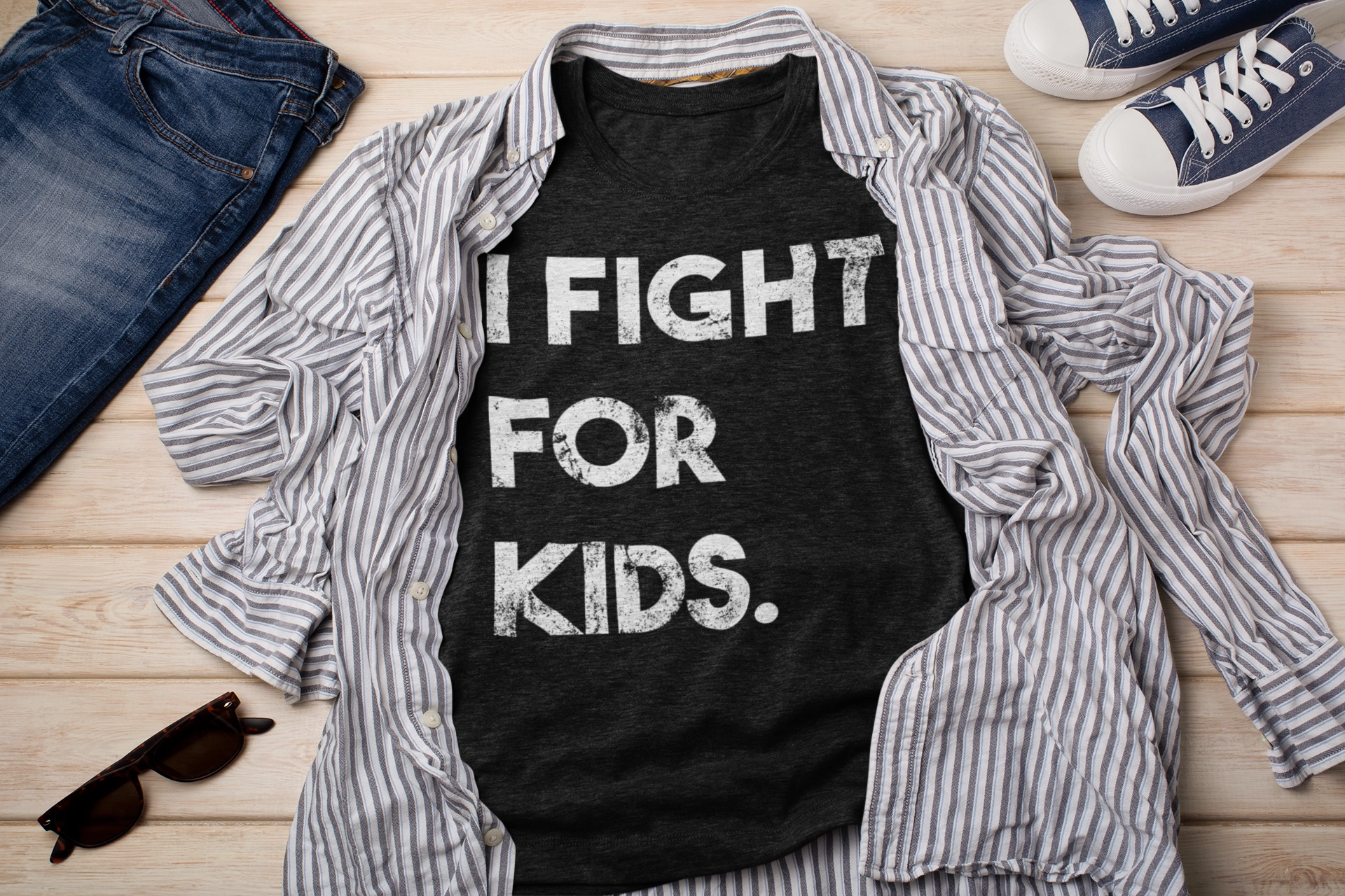 Picture of I Fight For Kids t-shirt with a cool outfit.